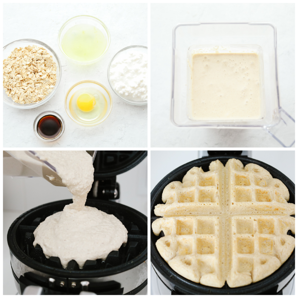 4 pictures showing how to make waffle batter and cook it in a waffle maker. 
