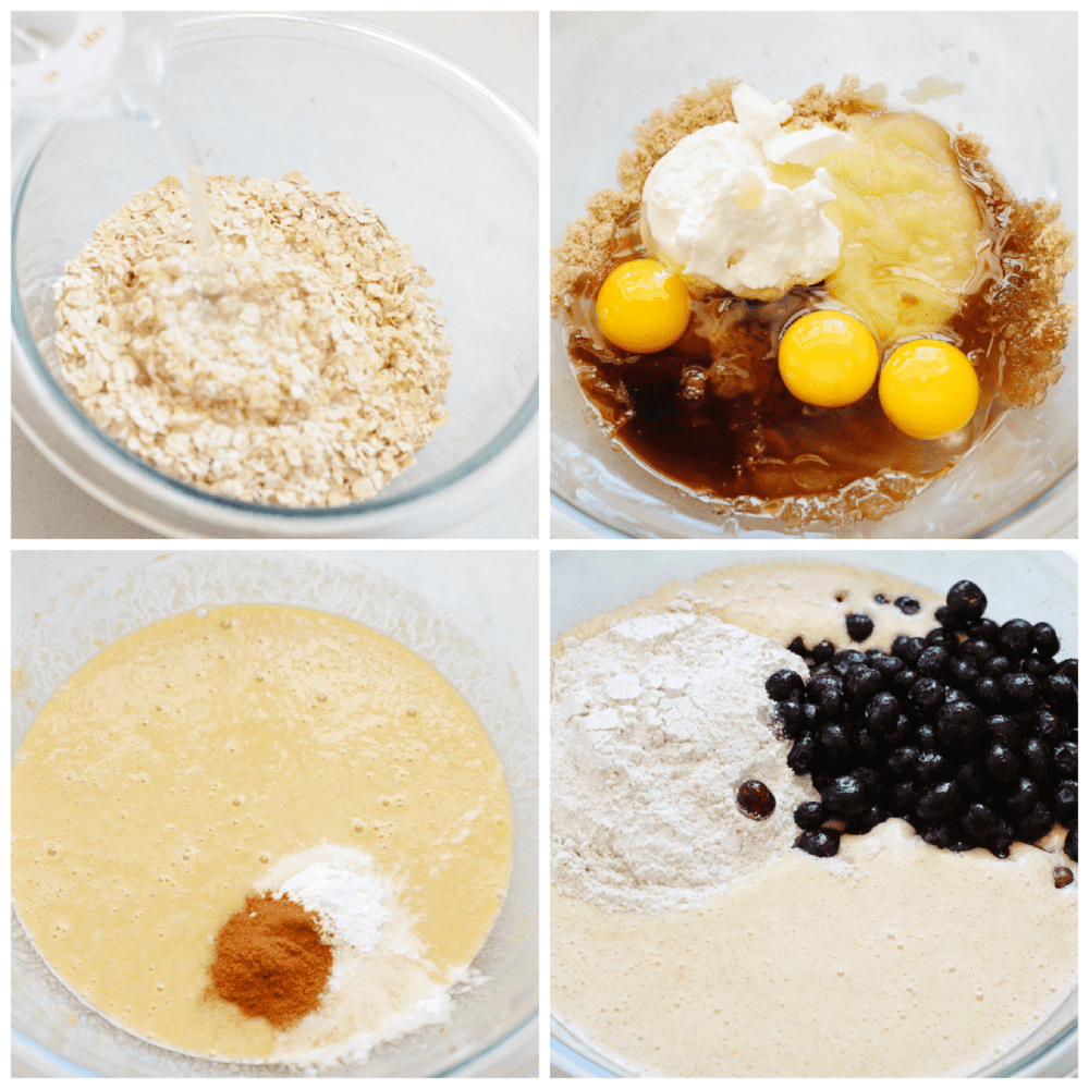 Process shots of preparing oatmeal and muffin batter.