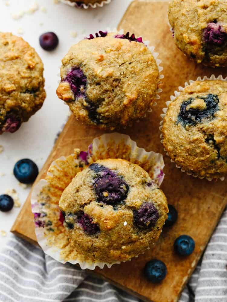 Closeup of a few blueberry oatmeal muffins.