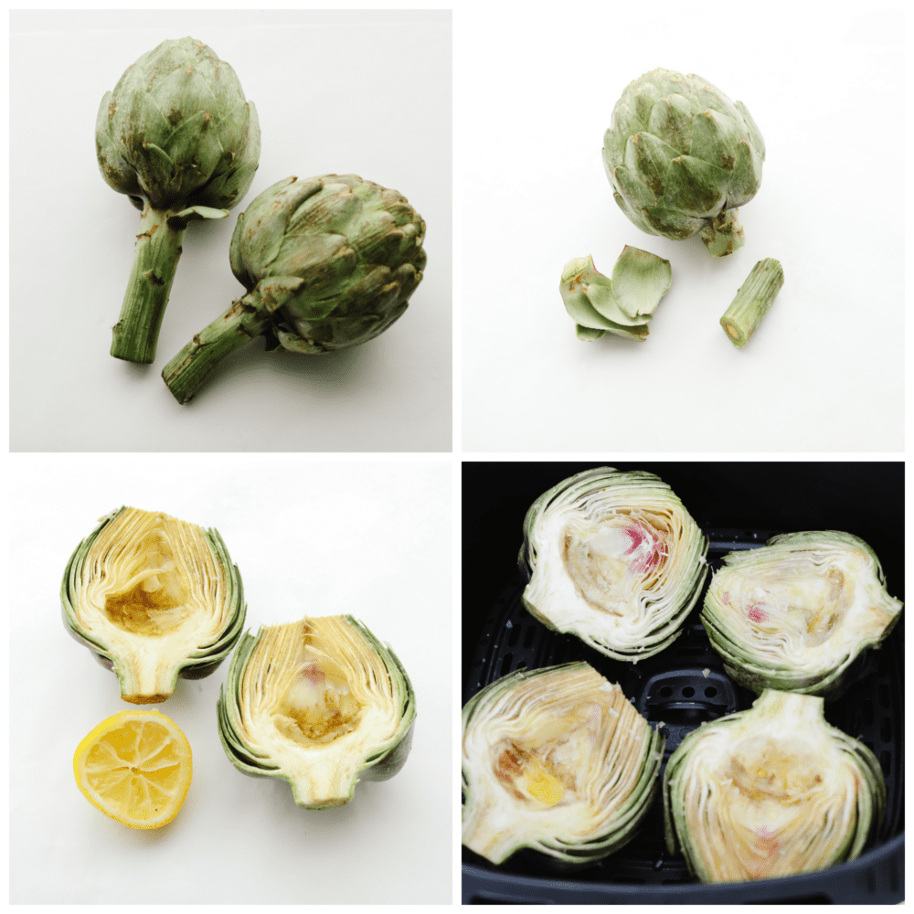 4 pictures showing how to cut up an artichoke and place it in the air fryer. 