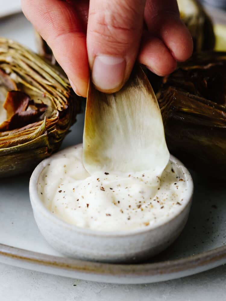 An artichoke leaf being dipped into some sauce. 