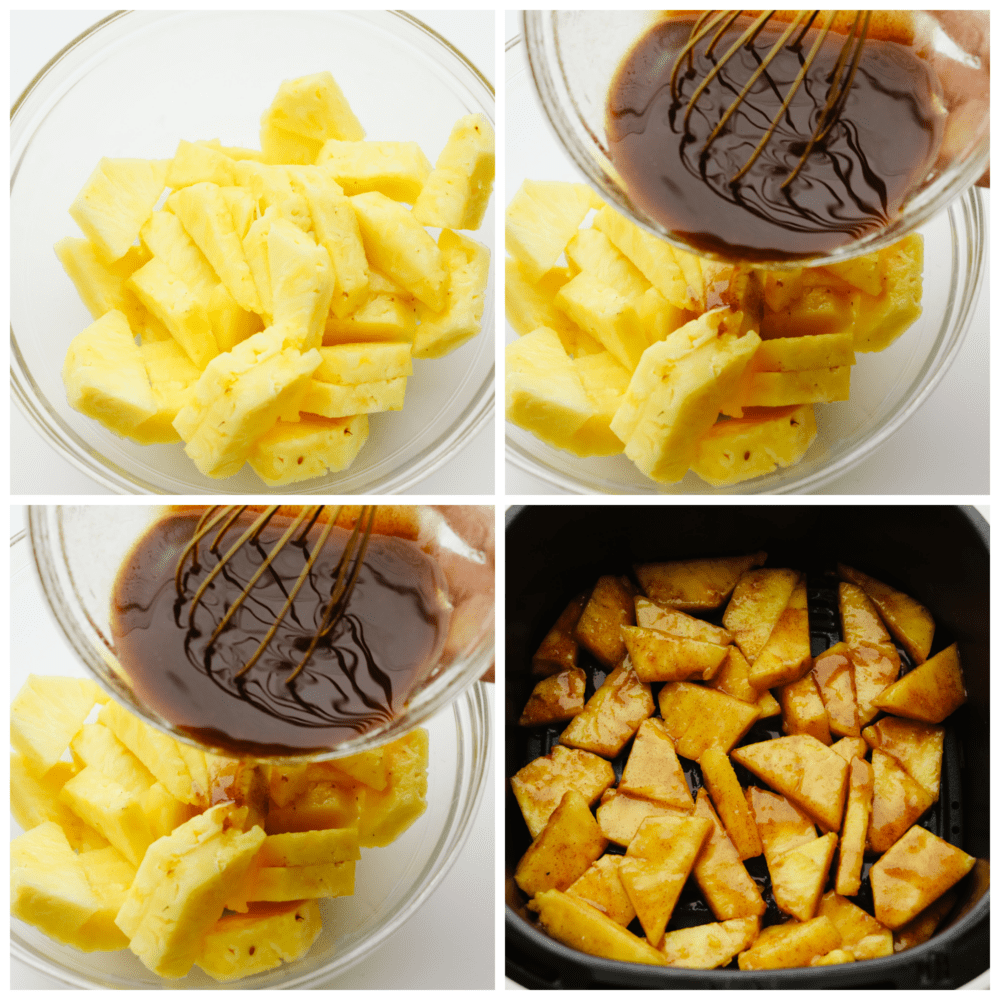 4 pictures showing how to pour a brown sugar mixture onto pineapple slices and put them into the air fryer. 