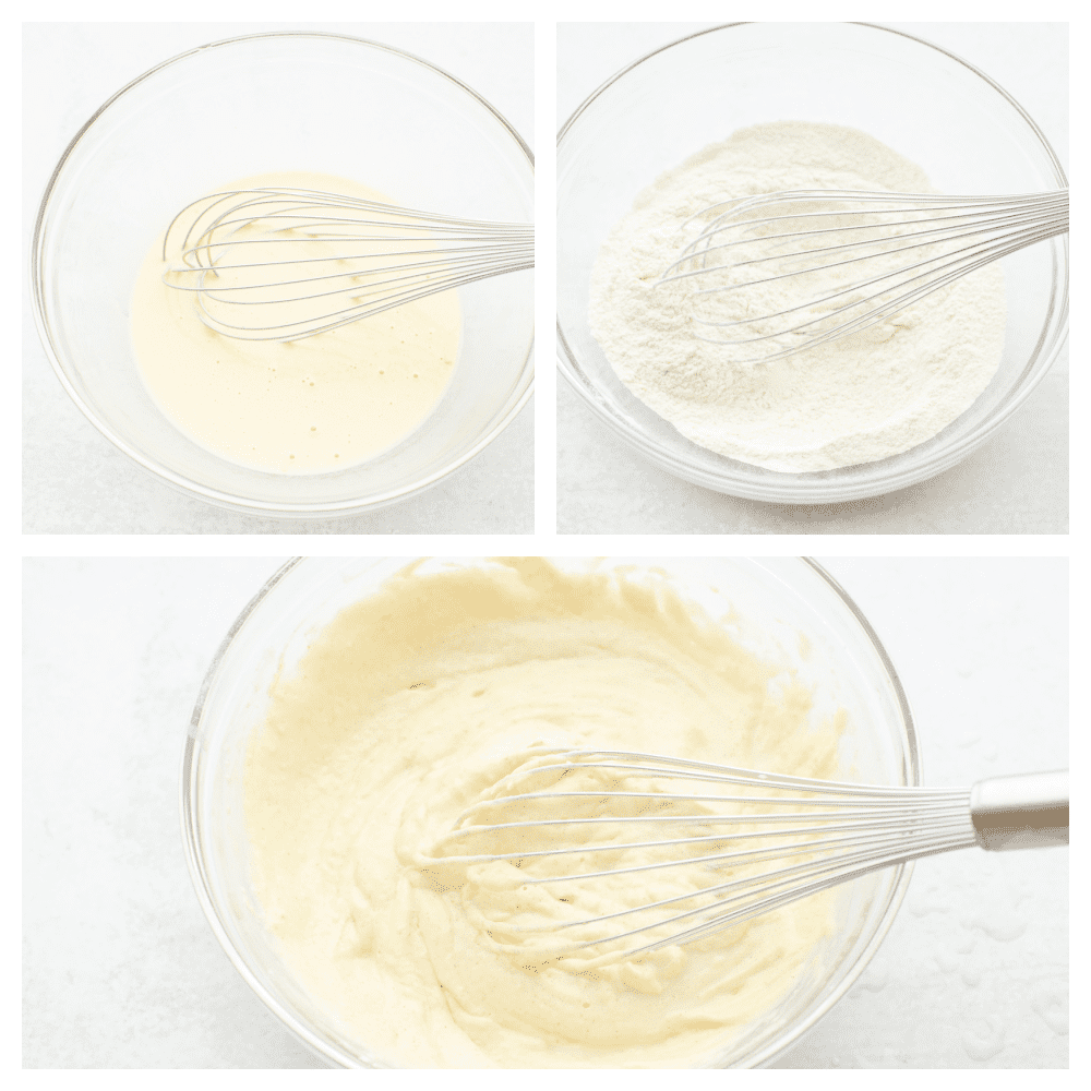 3 pictures showing how to whisk batter. 