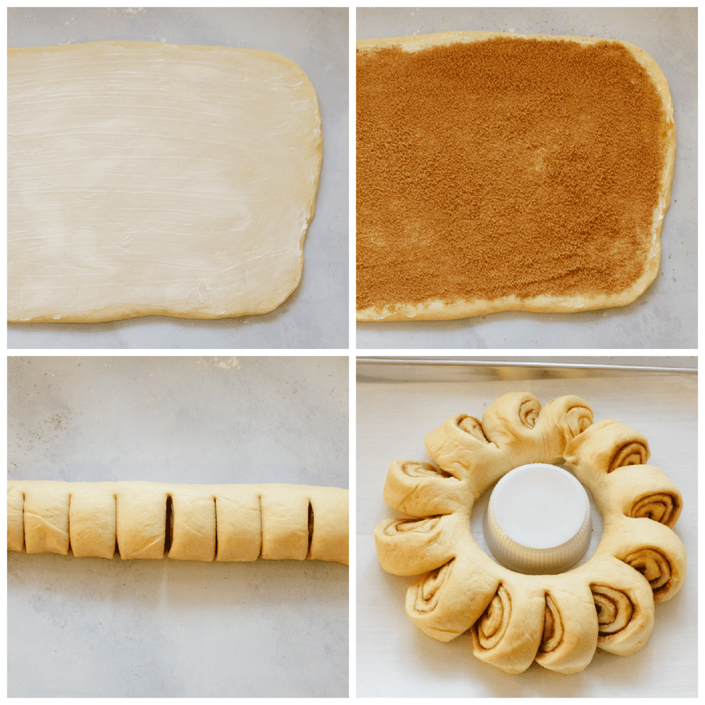 4 pictures showing how to flatten the dough, add the filling and roll it up and cut it. 