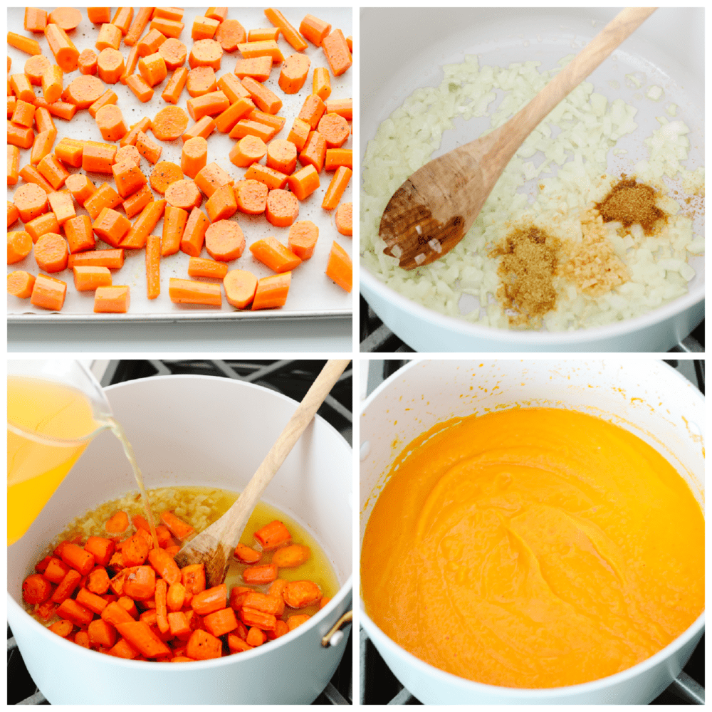 4 pictures showing how to add ingredients to pot, cook and blend. 
