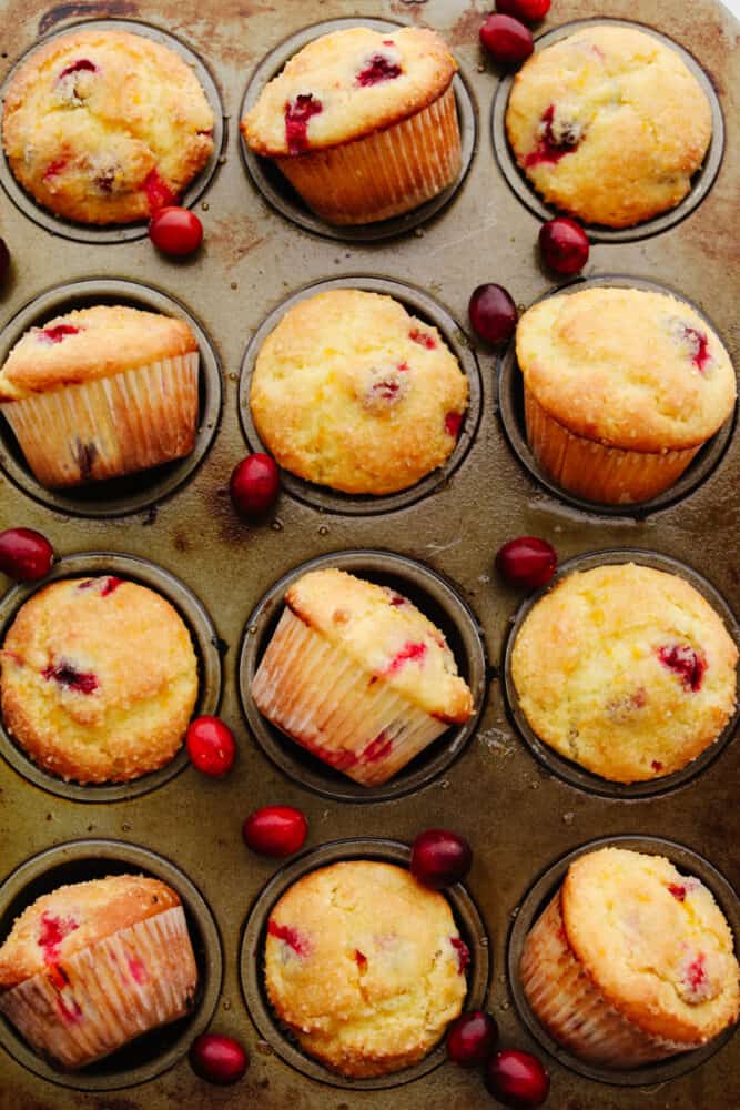 Baked orange cranberry muffins in a muffin tin.