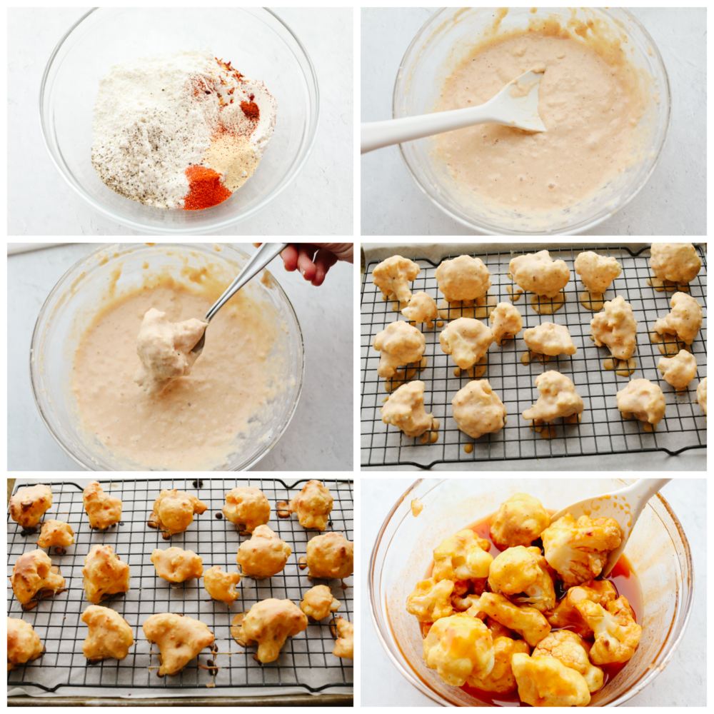 6 pictures showing how to make the batter, dip the cauliflower and then coat the baked cauliflower in the sauce. 