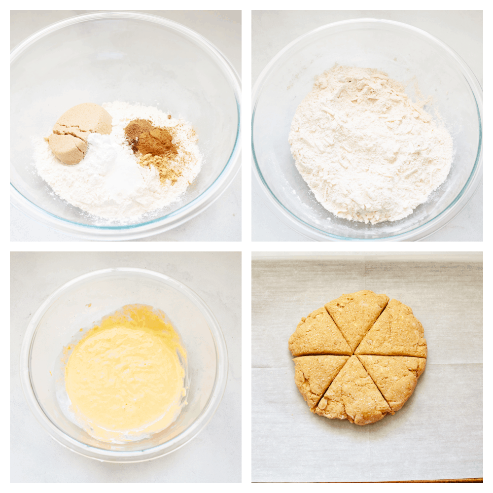 4 pictures showing how to make pumpkin scone dough.
