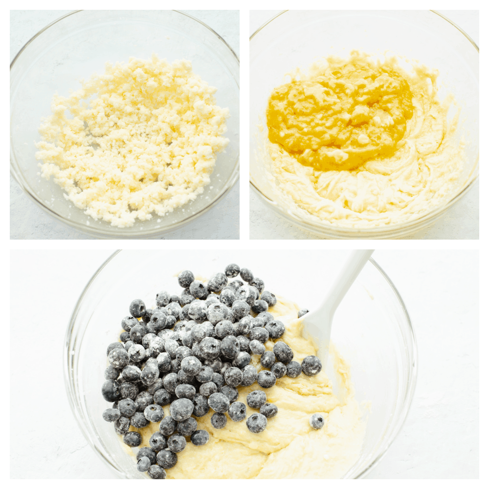 Process shots of making bread dough and tossing blueberries in flour.