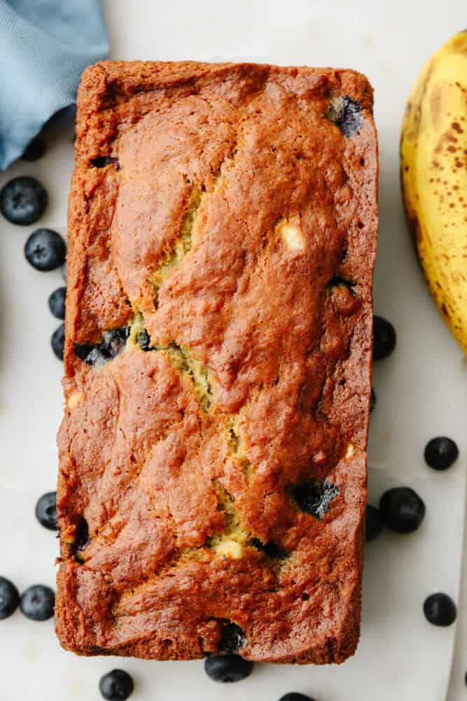 A loaf of blueberry banana bread.