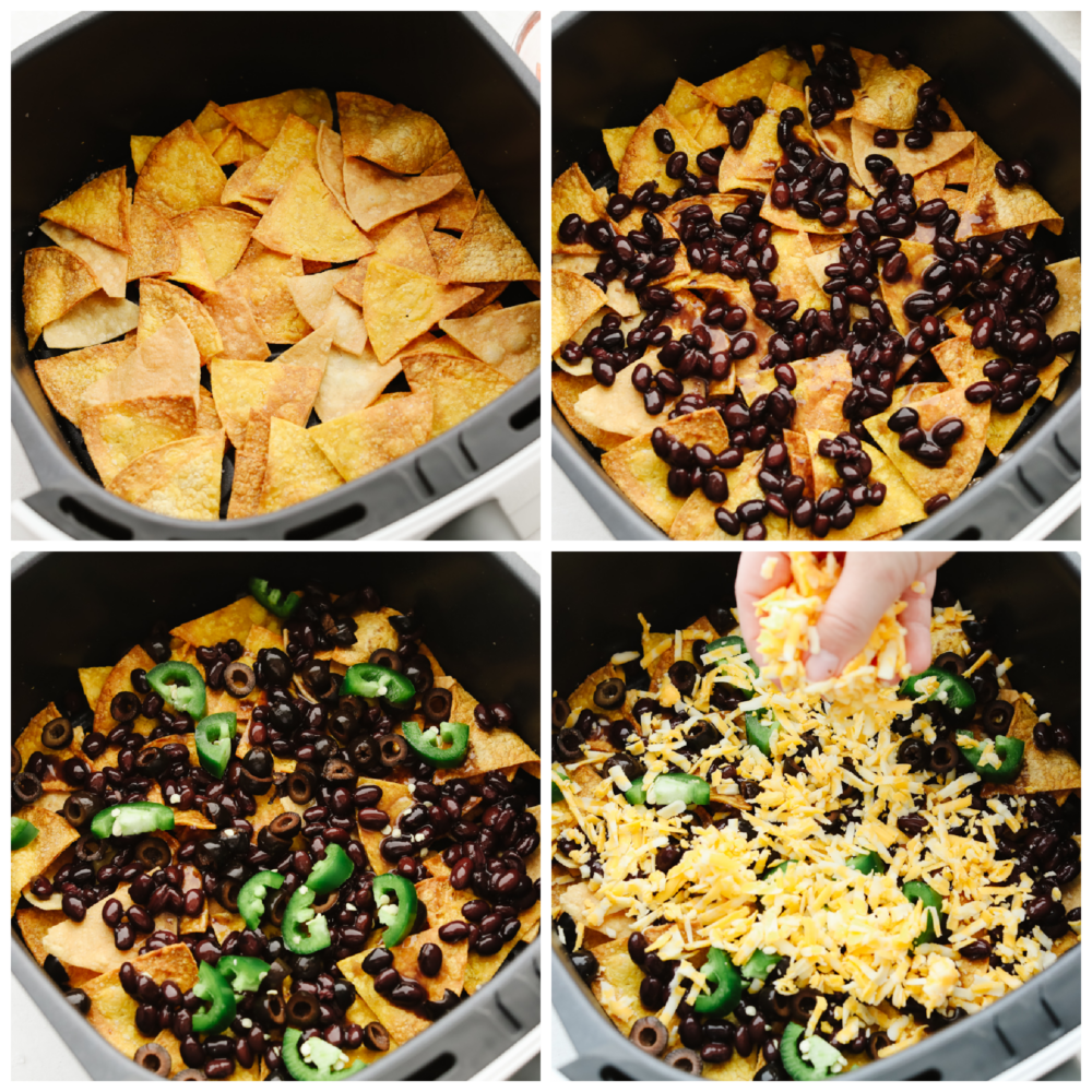 4 pictures showing how to add chips to an air fryer and top them with beans, jalapeños and cheese. 