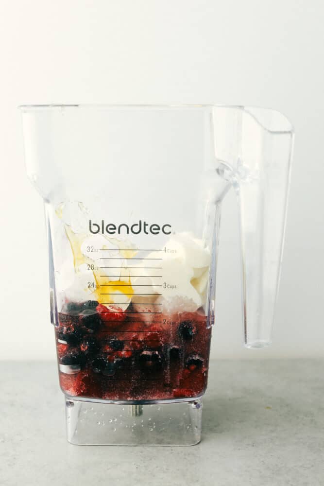 Ingredients in a blender ready to blend. 