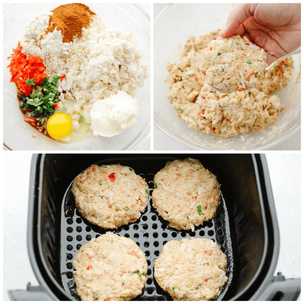 The process of making crab cakes in three photos. 