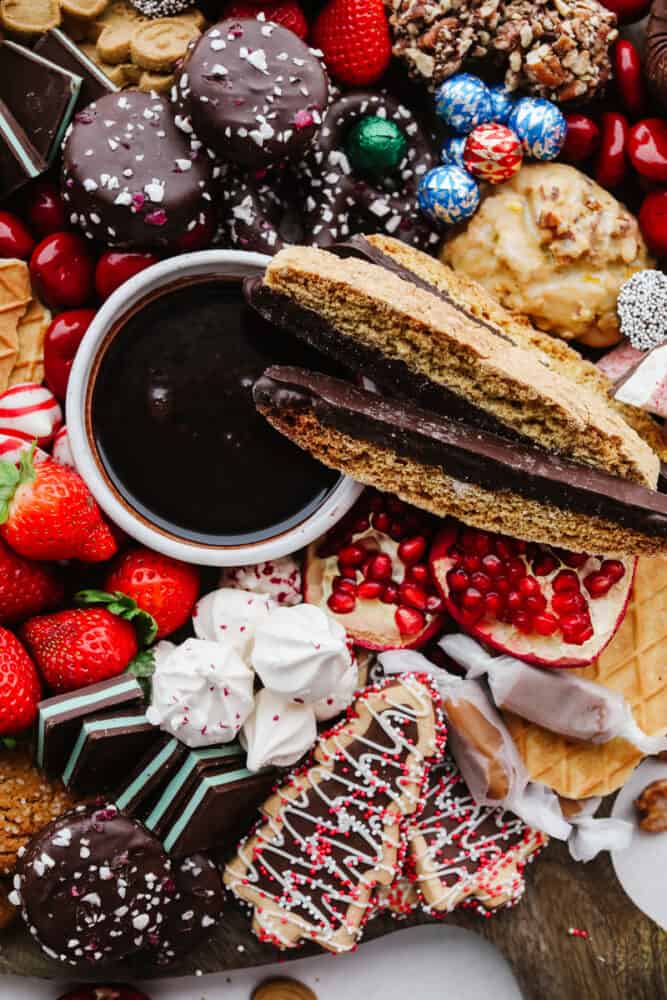 A zoomed in shot of a Christmas dessert charcuterie board. 