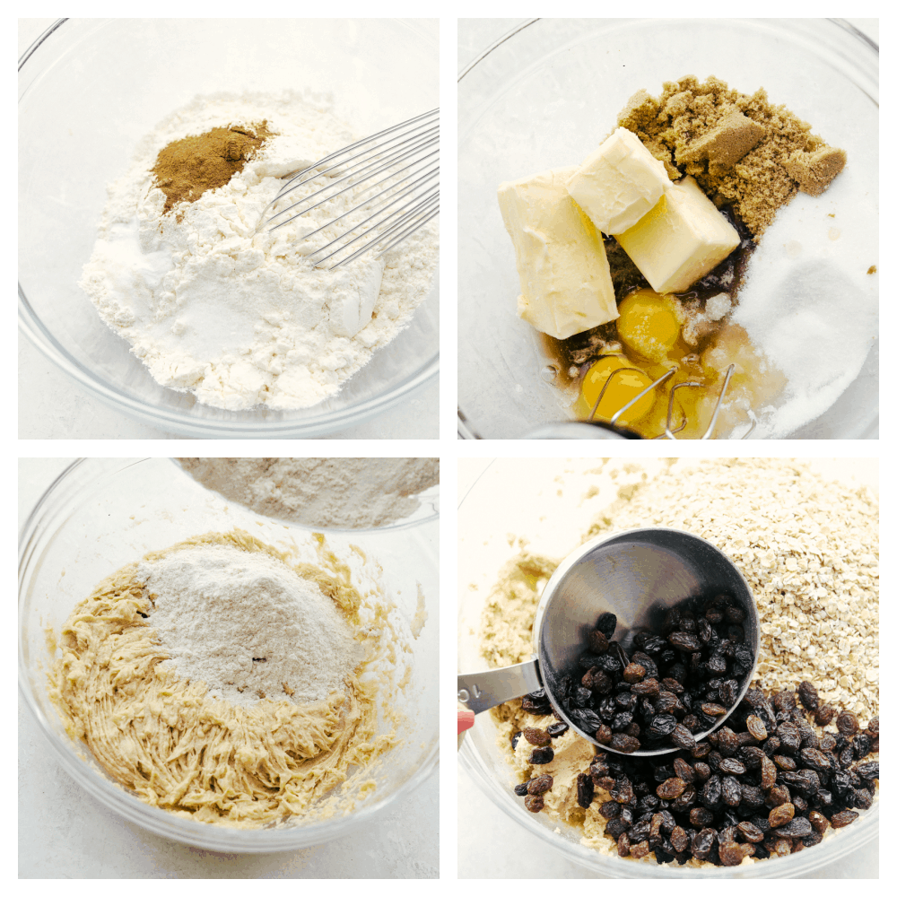 Mixing the dry ingredients, then the butter and sugars and adding it all together with the raisins. 
