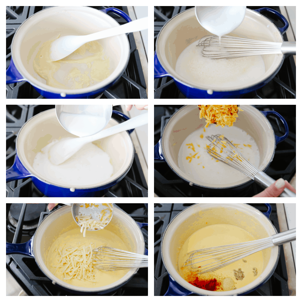 6 step by step pictures on how to mix ingredients for dip. 