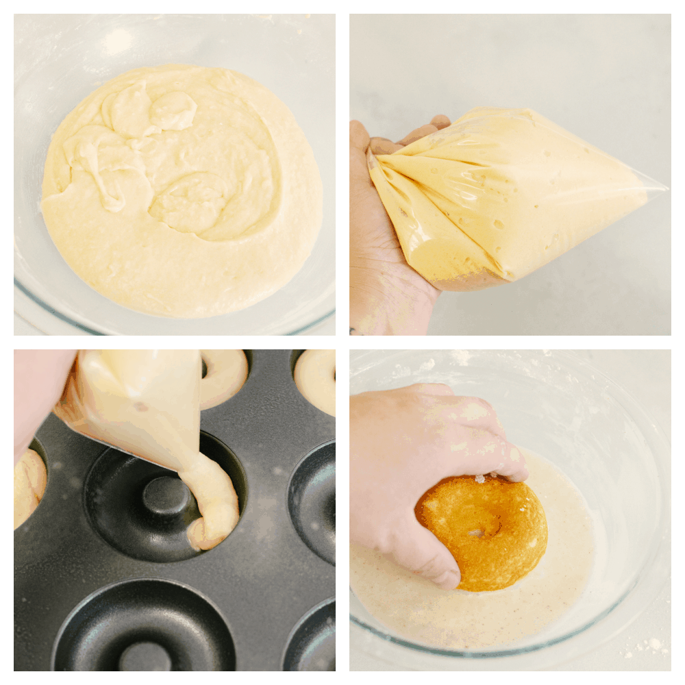 Four photos of the process of making cake donuts.