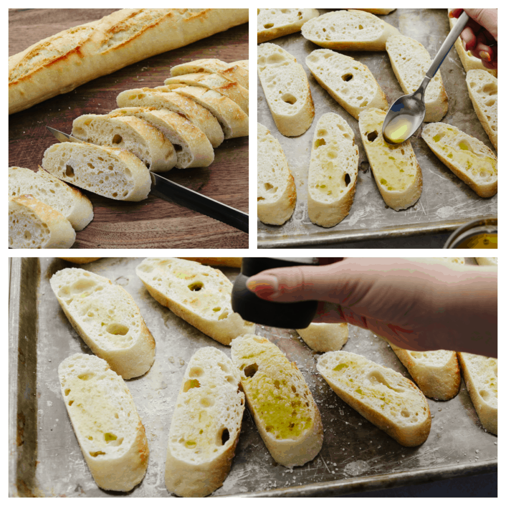 Process shots of adding olive oil and salt to baguette pieces.