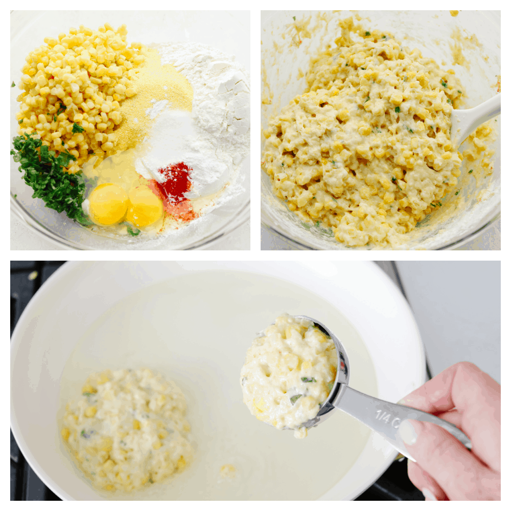 3 pictures showing step by step how to make corn fritter batter. 