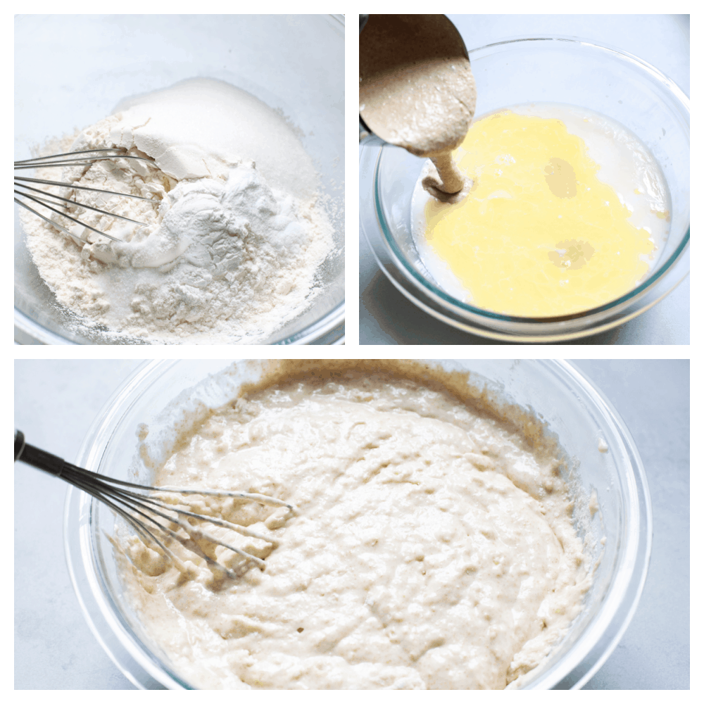 The process of making sourdough pancakes in three photos. 