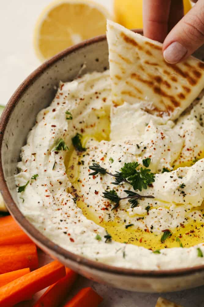 A close up of whipped feta dip. 