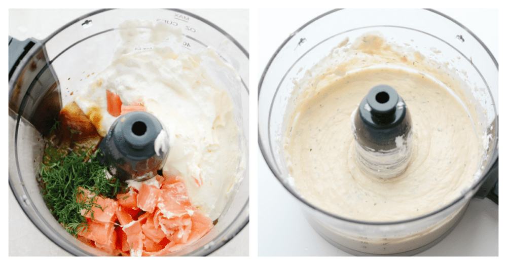 2 pictures showing a food processor with ingredients being put in and then mixed. 