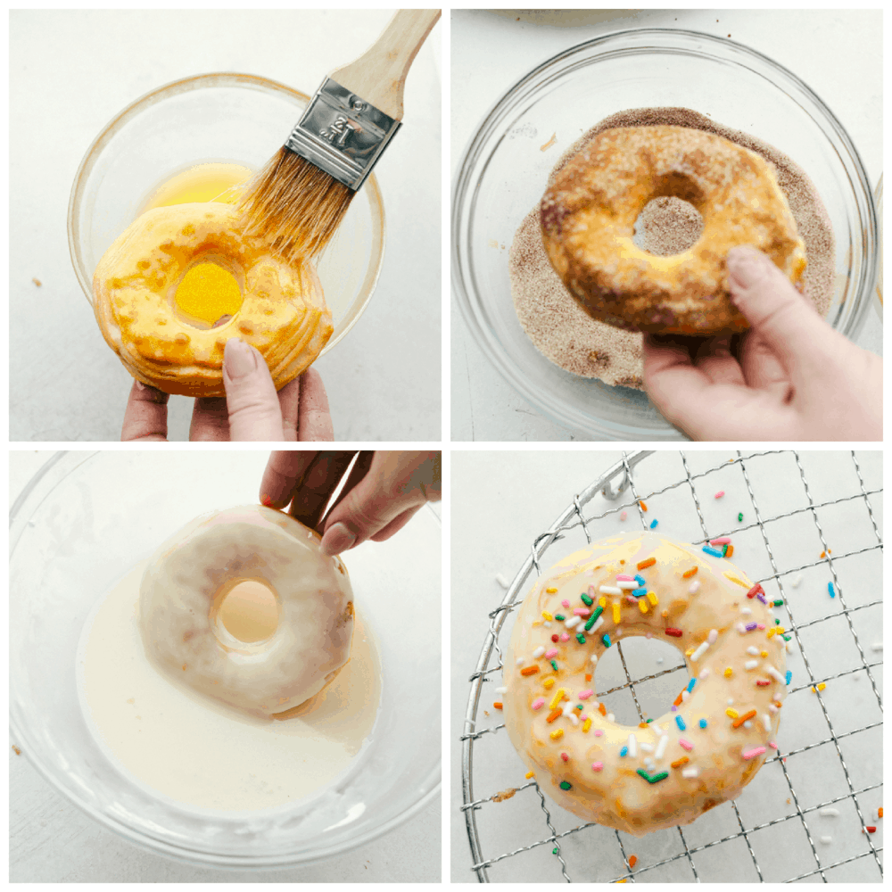 Brushing butter and cinnamon sugar or glaze and sprinkles on donuts. 