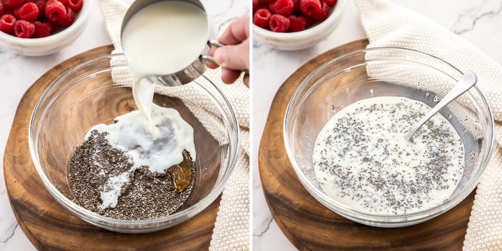 Mixing together milk and chia seeds in a glass bowl