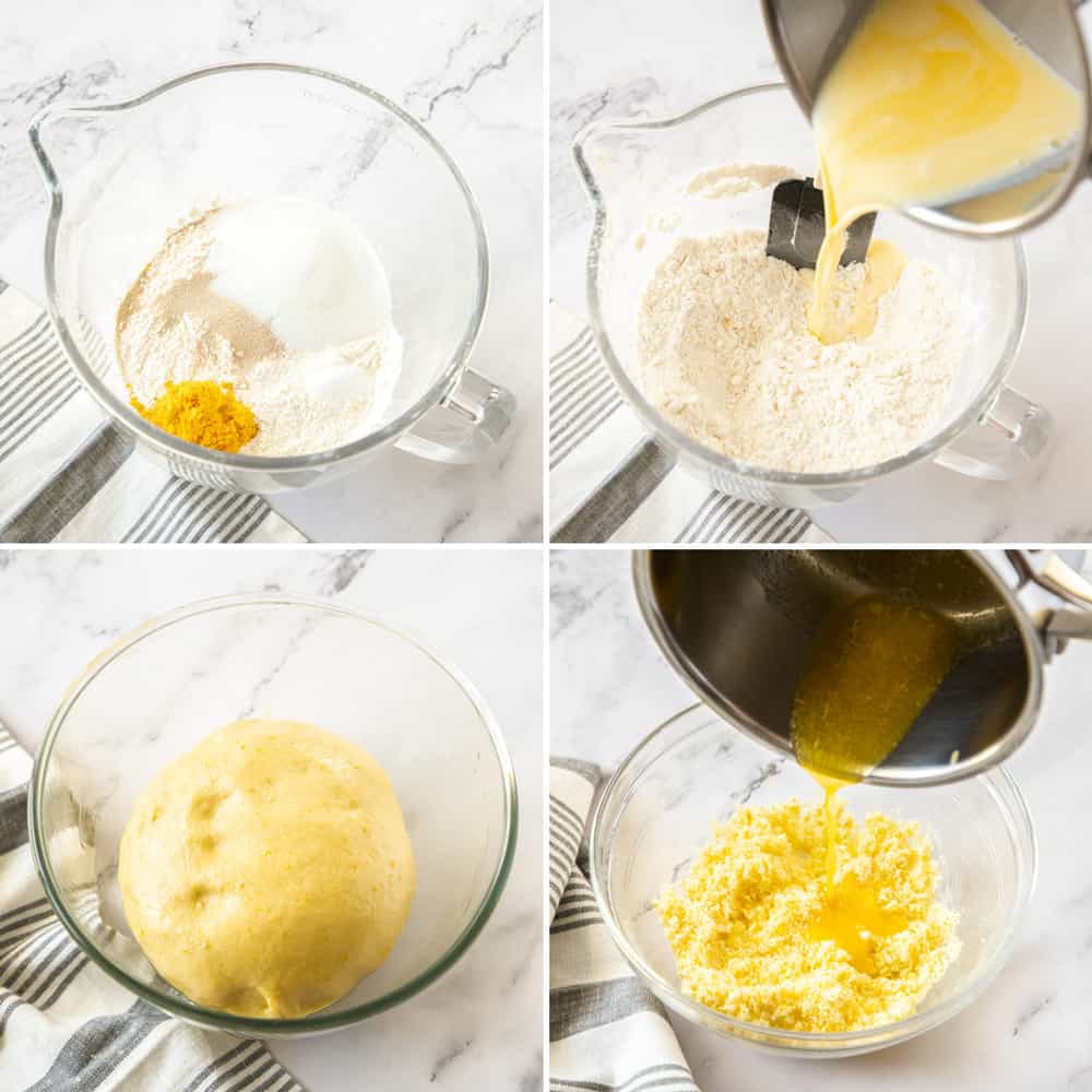Mixing together the dough for orange rolls in a glass bowl