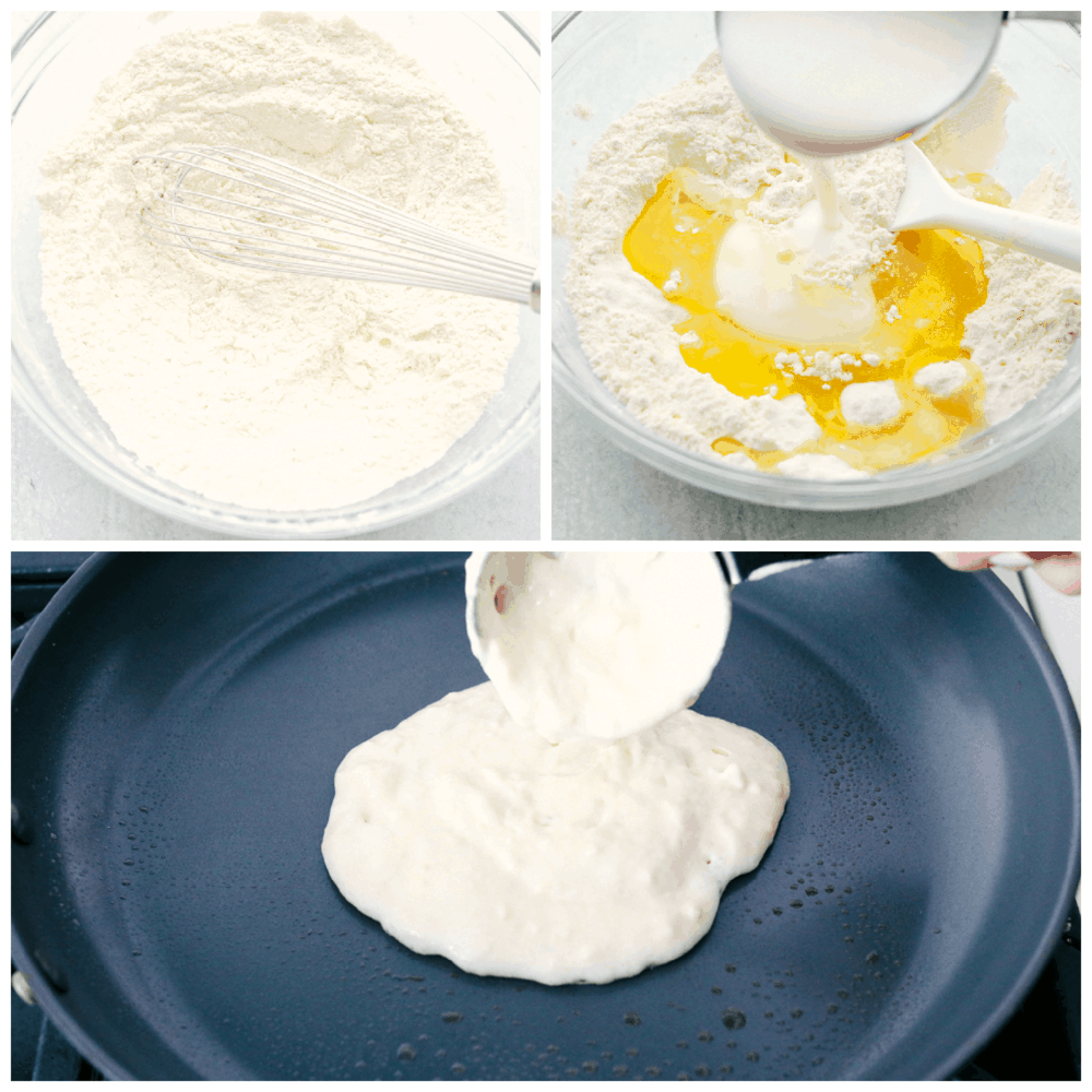 Mixing the dry ingredients, then wet ingredients and cooking buttermilk pancakes.