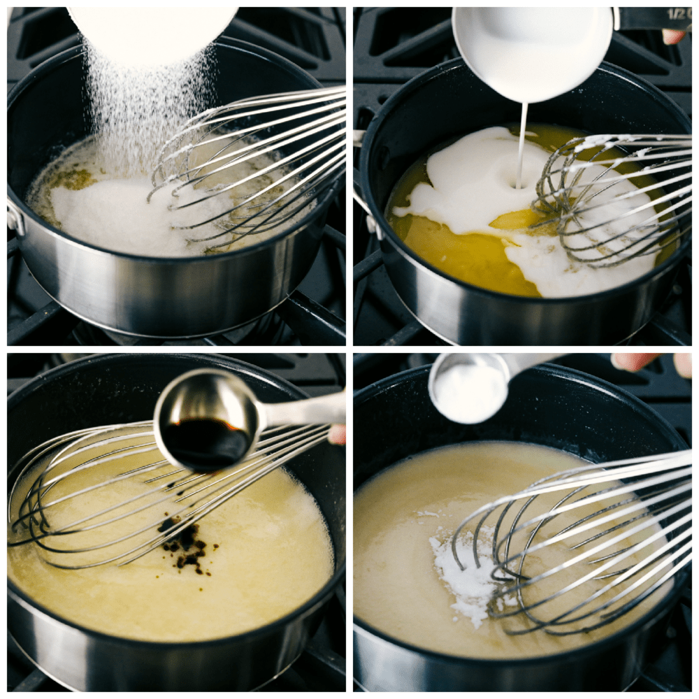 Using sugar, milk, and vanilla to make the homemade buttermilk.