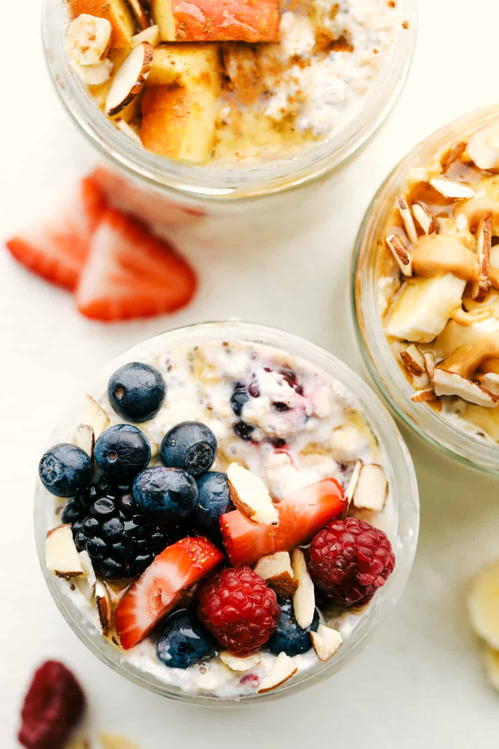 Overnight oats with berries, apples and bananas. 