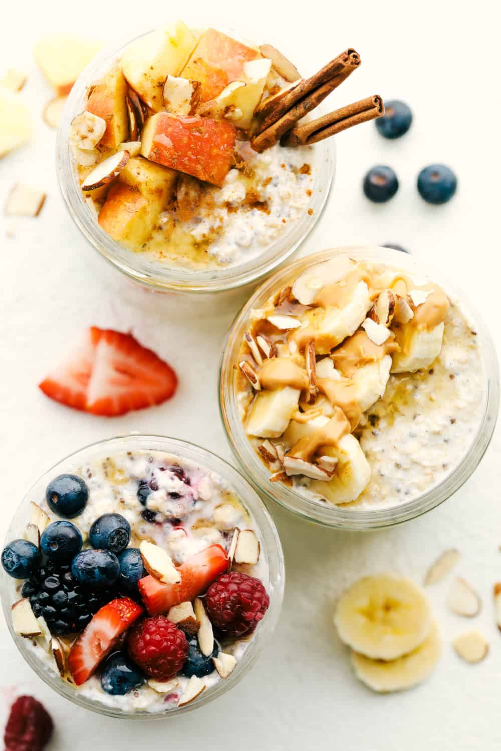 Overnight oats with different toppings and flavor combinations.