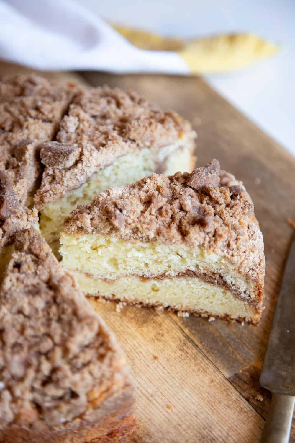 Coffee cake slices on a wooden board