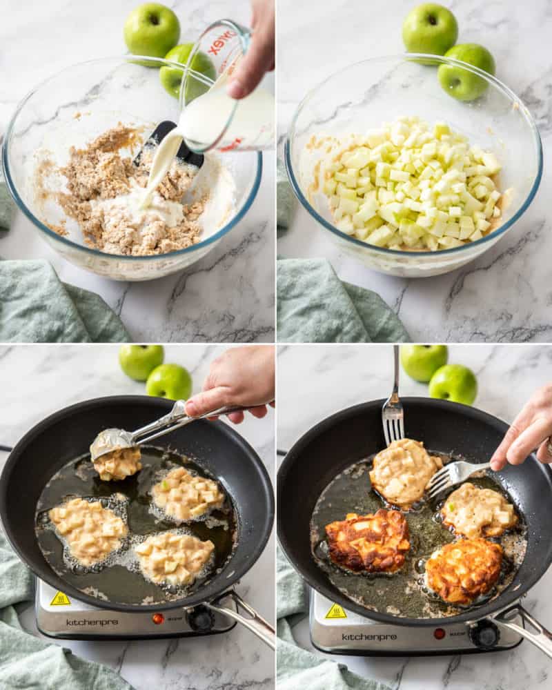 4 images showing mixing batter in a glass bowl, then frying fritters in a frying pan