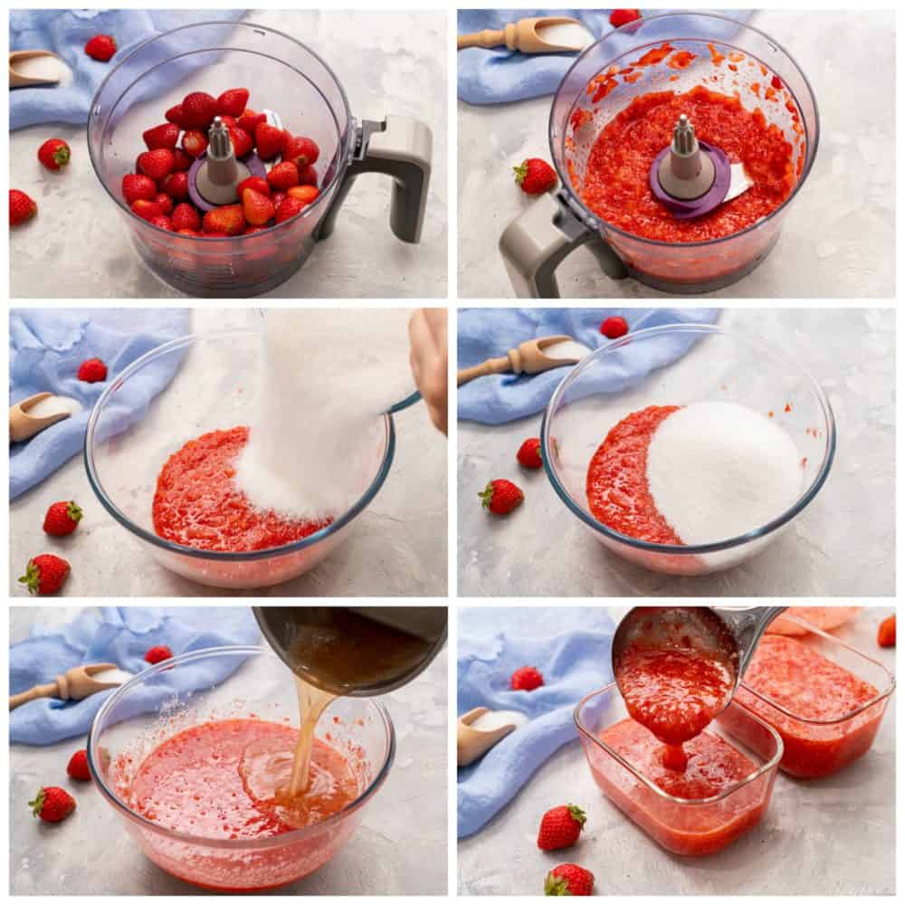 The process of blending strawberry freezer jam. 