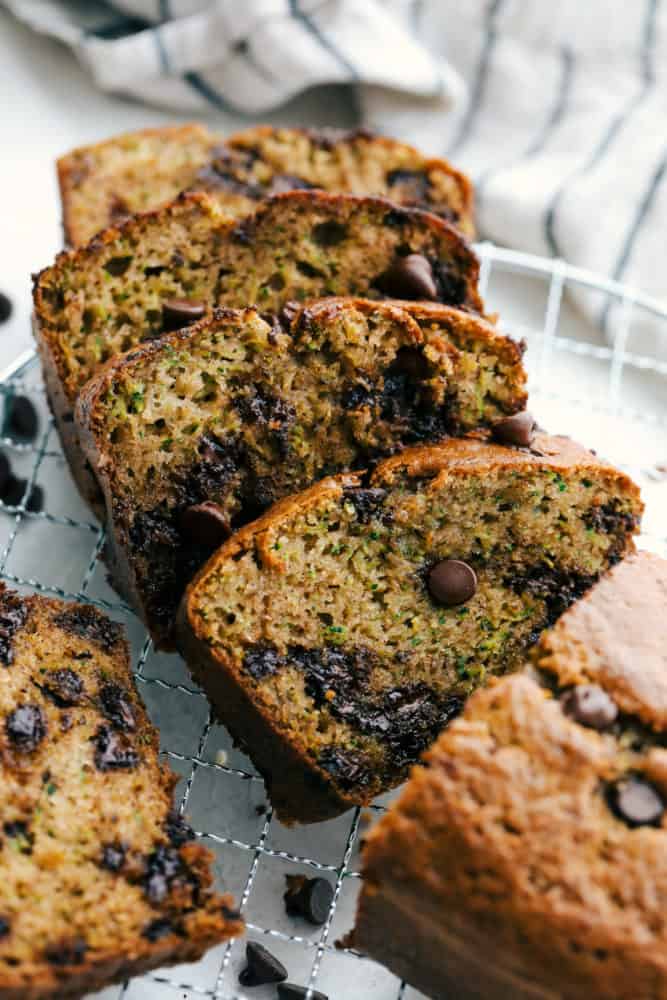 Sliced Chocolate Chip Zucchini Bread on a cooling rack.