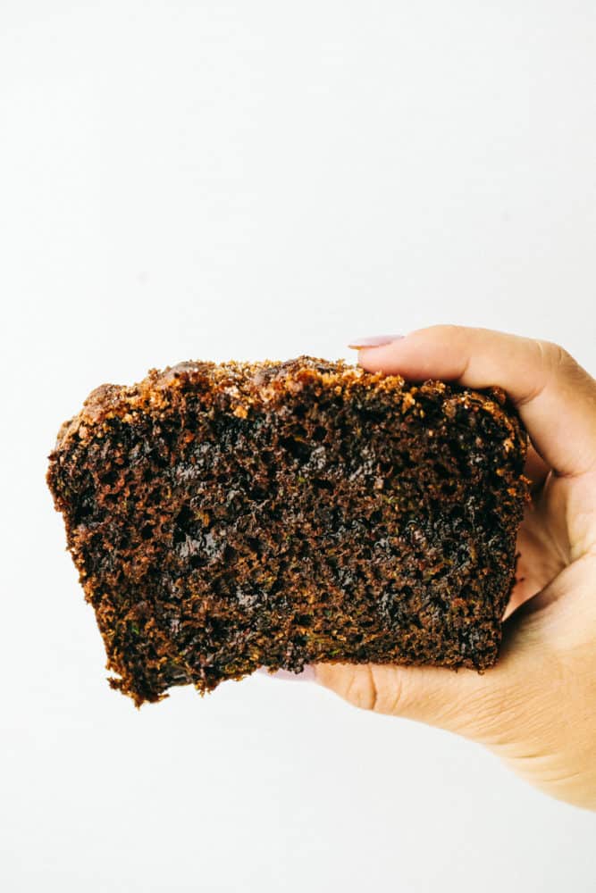 Chocolate zucchini bread held up with a hand with a white background. 