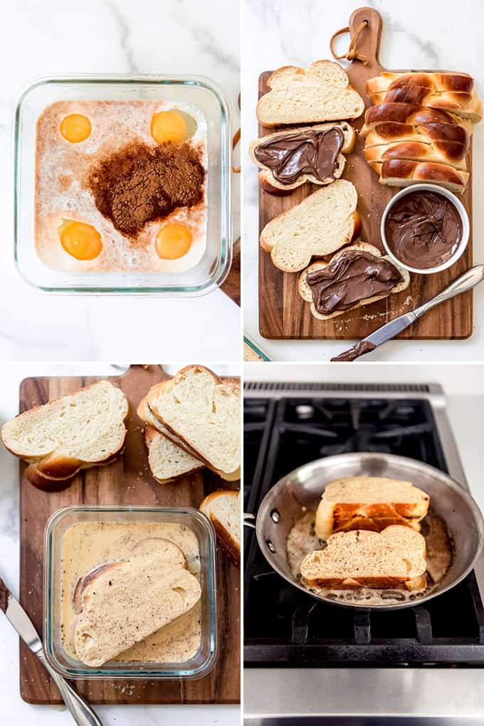 A collage of images showing how to make stuffed french toast.