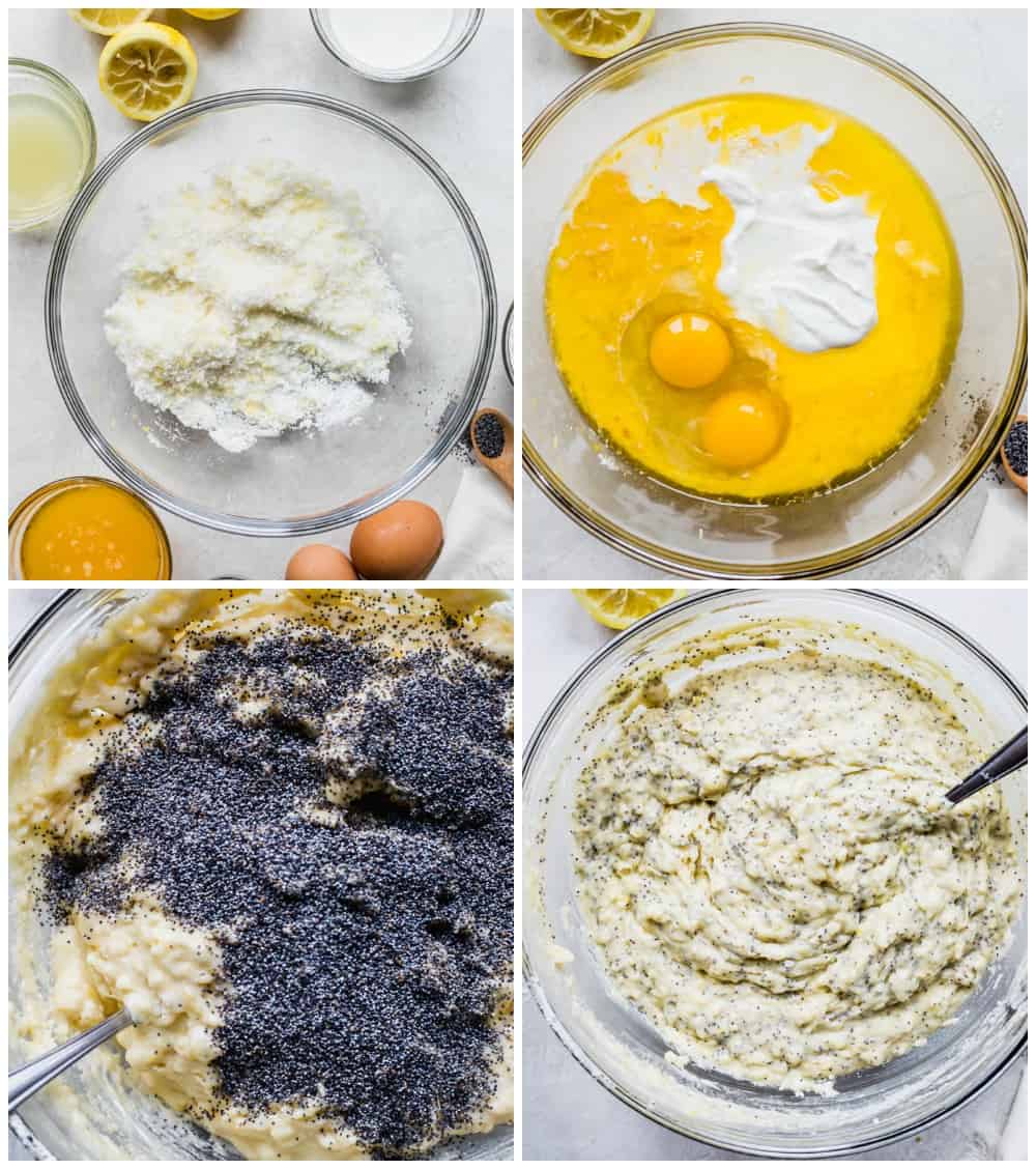 The process of making poppyseed muffins using a glass bowl. 