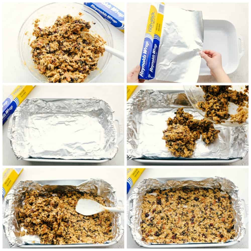 The process of making granola bars. Add all the ingredients in to a glass bowl then stirring together with a plastic spoon. Adding Reynolds wrap to the pan and the spreading the granola mixture into the pan and patting the top of it to level it out.