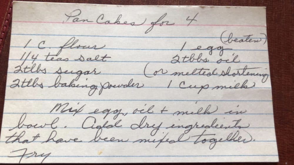 Grandma's recipe card with ingredients she hand wrote.