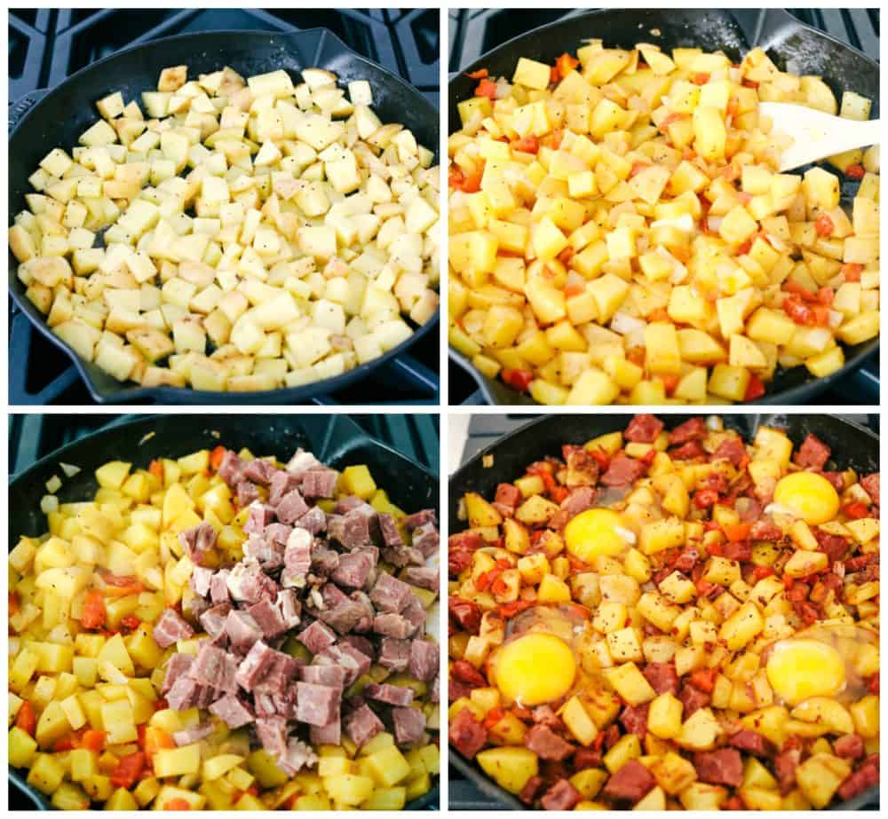 The process of cooking potatoes, adding in red bell peppers in the skillet, then adding leftover corned beef and adding eggs on top. 