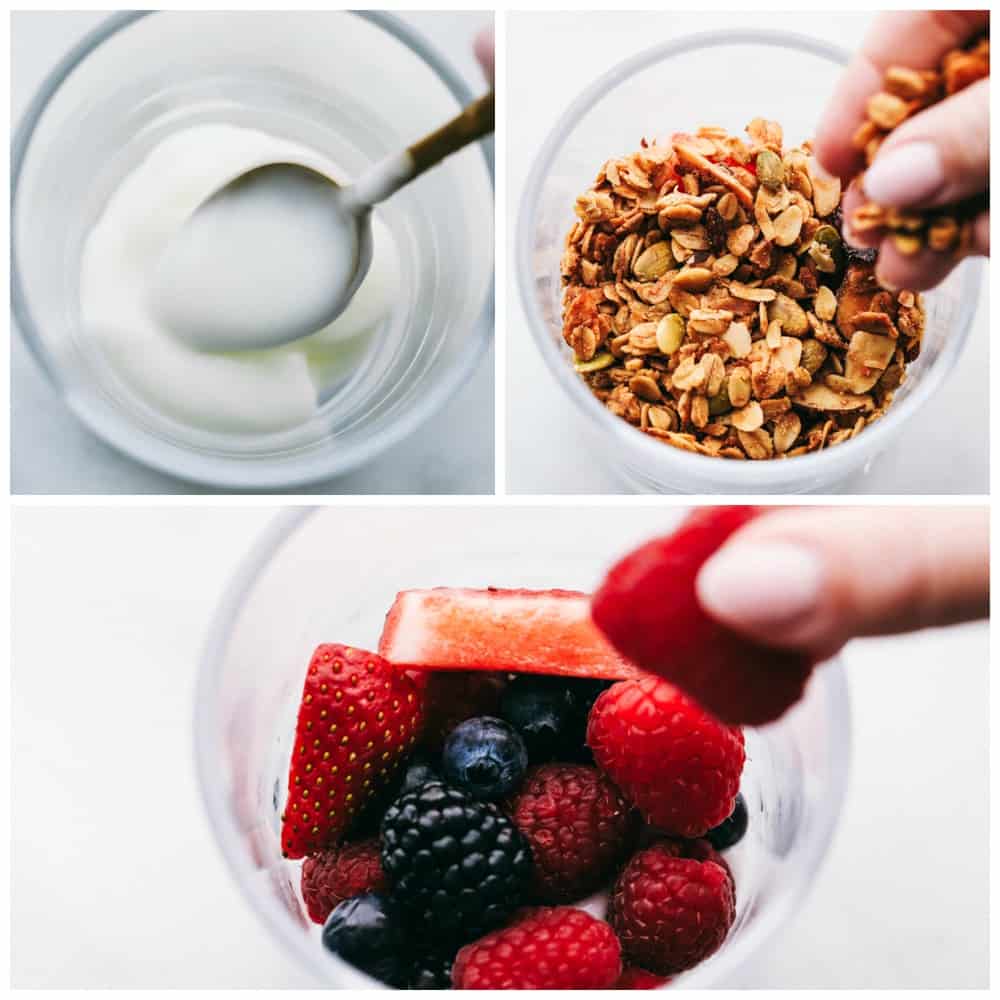 The layering process of a yogurt parfait. First cup has a spoon adding in yogurt, then a cup full of granola. Lastly a cup full of berries. 