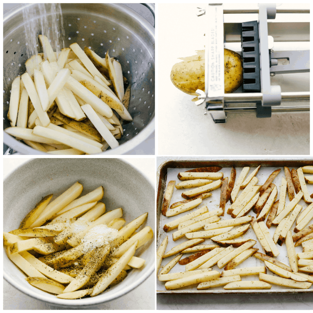 Process shots of slicing potatoes and adding seasonings.