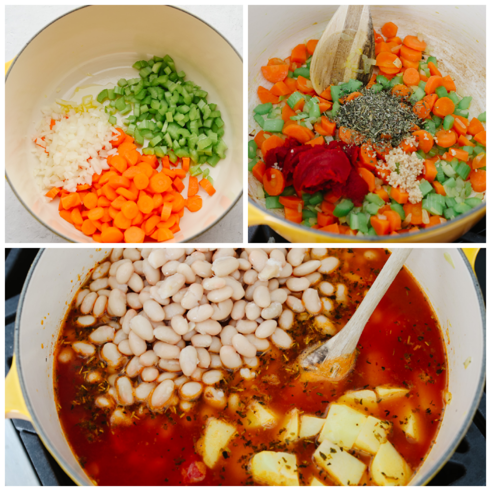 3 pictures showing how to cook vegetables and beans in a pot with some flavored broth. 