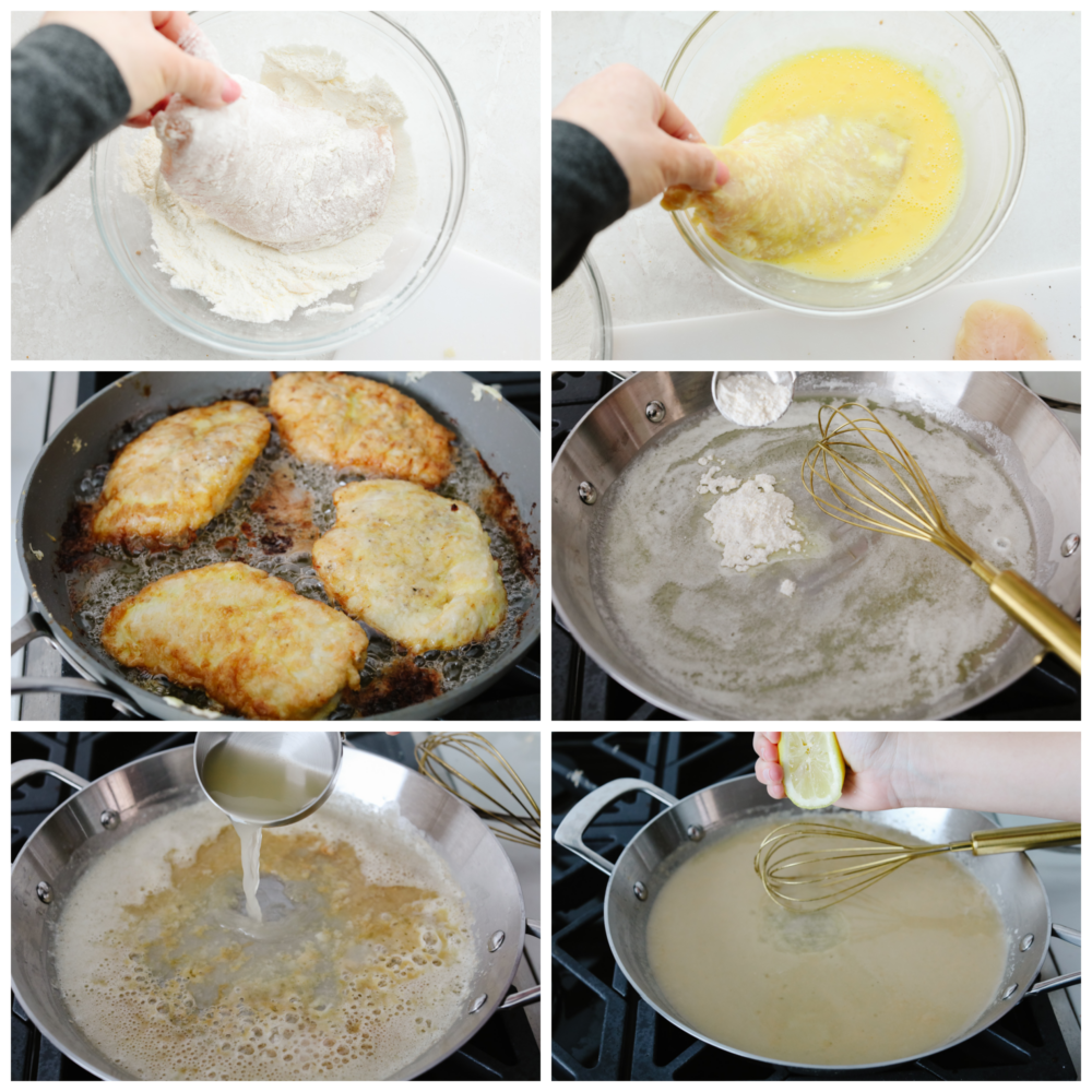 6 pictures showing the steps on how to dredge chicken in eggs and flour, cook it in our and then make the sauce. 