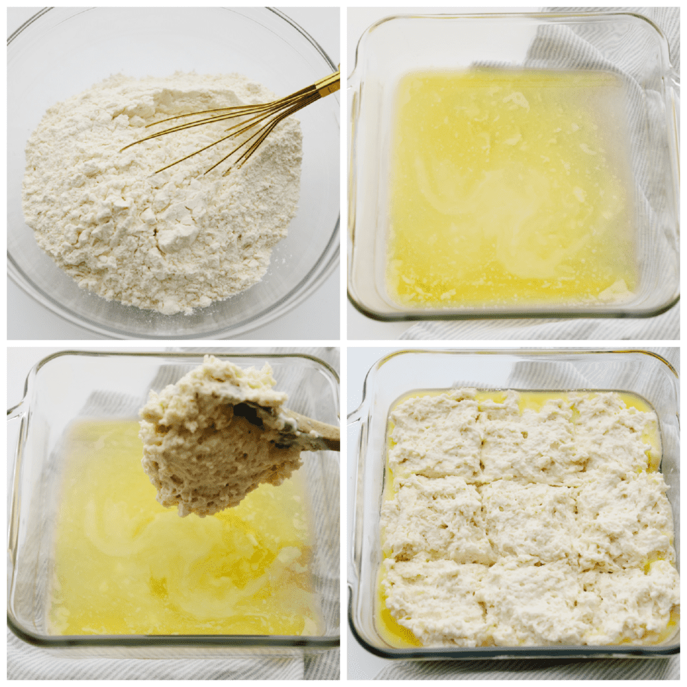 4 pictures showing steps on how to make biscuit batter and how to place them in the butter in a pan. 
