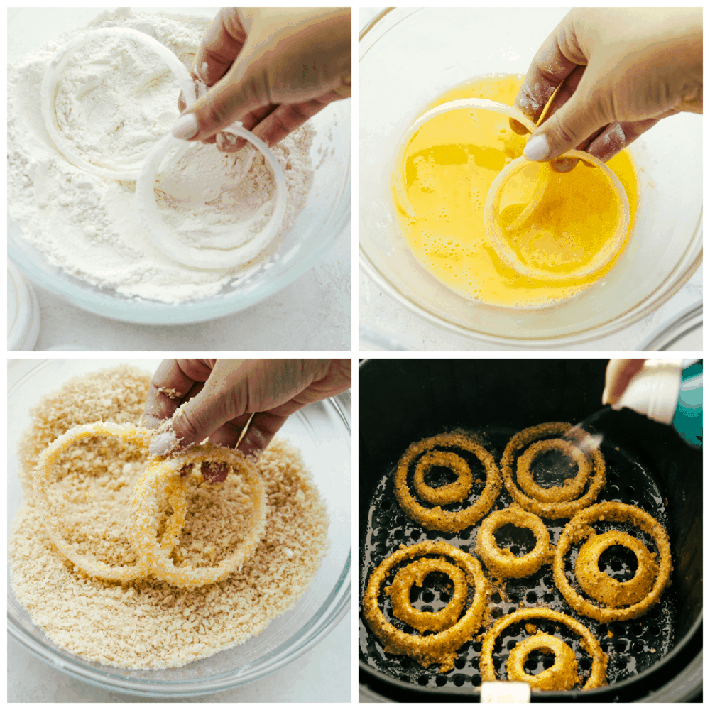 Dipping the onion rings in the flour, egg mixture and coating and then air frying. 