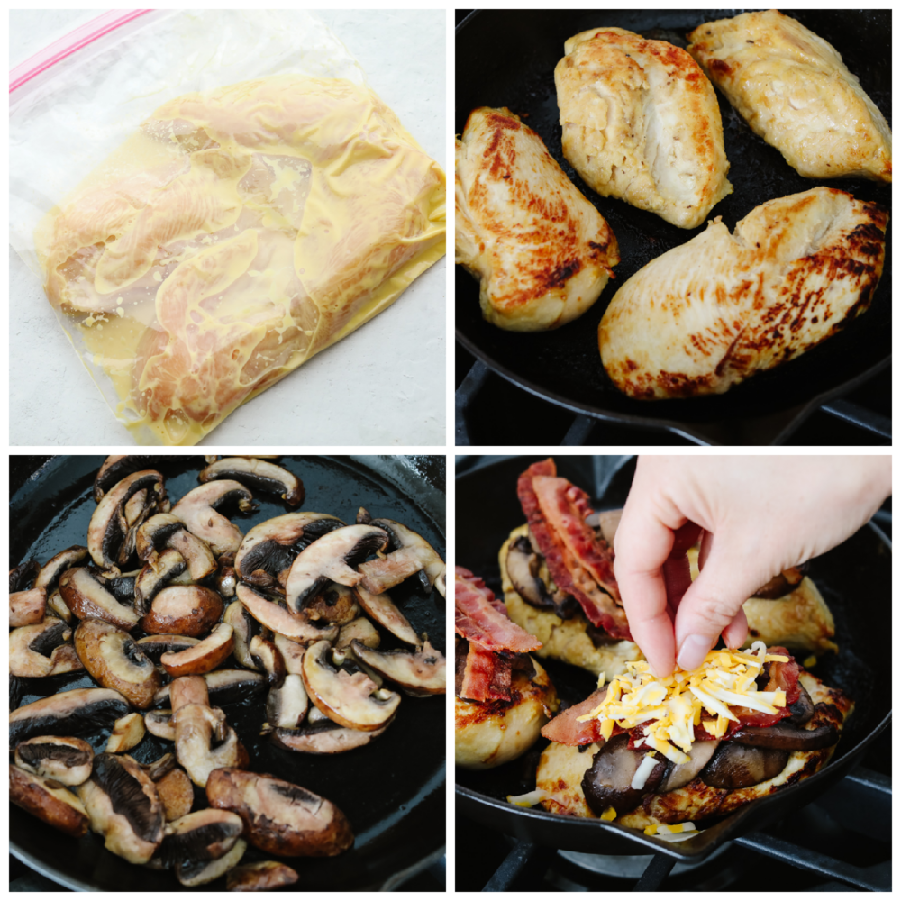 Process photos of preparing marinade, sauteeing mushrooms, and adding toppings to Alice Springs Chicken.